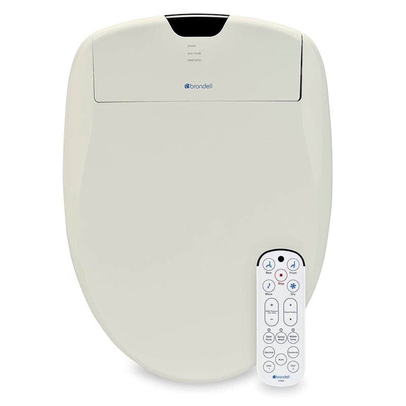 Brondell Swash 1400 Luxury Bidet Toilet Seat in Biscuit color with remote control, showcasing advanced features for comfort and hygiene.