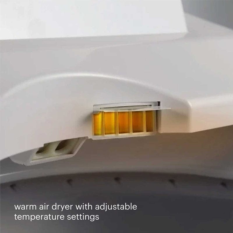 Warm air dryer feature of Brondell Swash 1400 luxury bidet toilet seat with adjustable temperature settings in white.