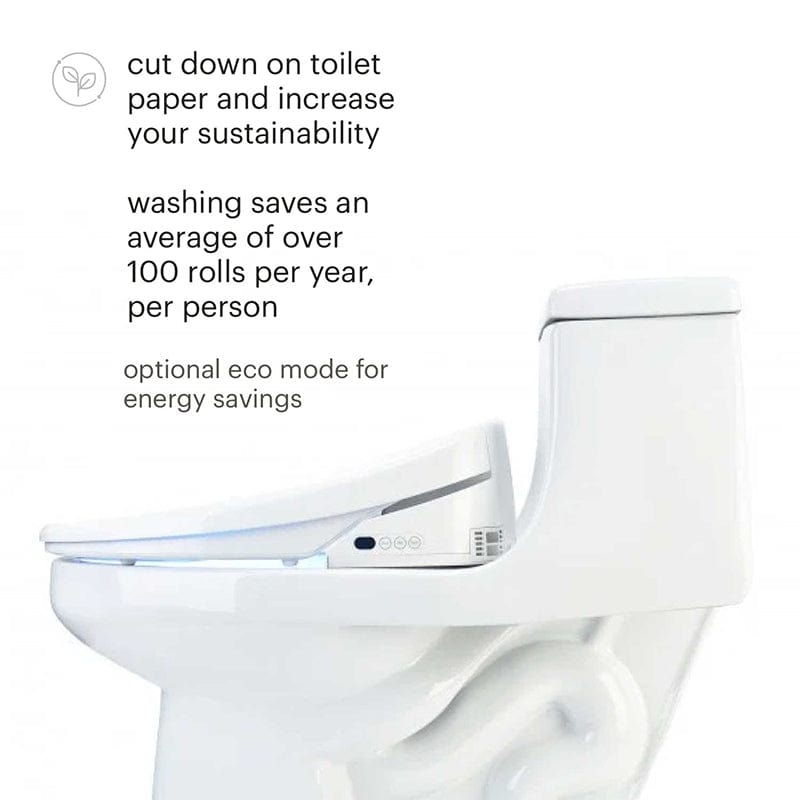 Brondell Swash 1400 Luxury Bidet Toilet Seat in White with eco mode feature for sustainability and toilet paper savings.