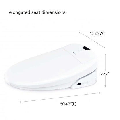 Brondell Swash 1400 Luxury Bidet Toilet Seat in White showing elongated seat dimensions: 20.43"(L) x 15.2"(W) x 5.75"(H).