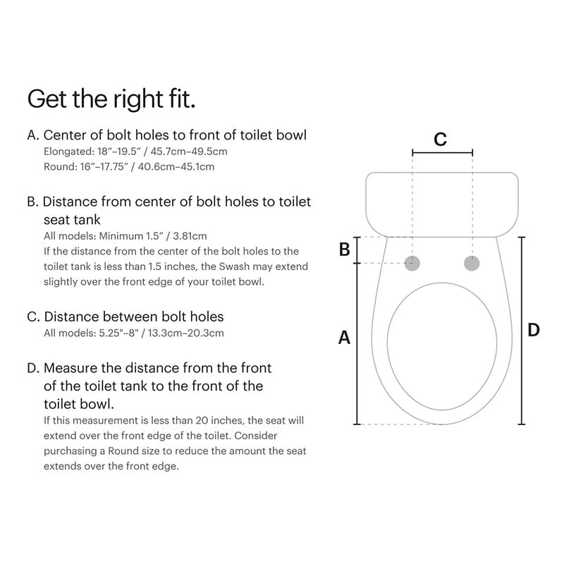 Diagram showing measurements for installing Brondell Swash 1400 Luxury Bidet Toilet Seat with labeled distances A, B, C, and D.