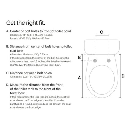 Diagram showing measurements for installing Brondell Swash 1400 Luxury Bidet Toilet Seat with labeled distances A, B, C, and D.