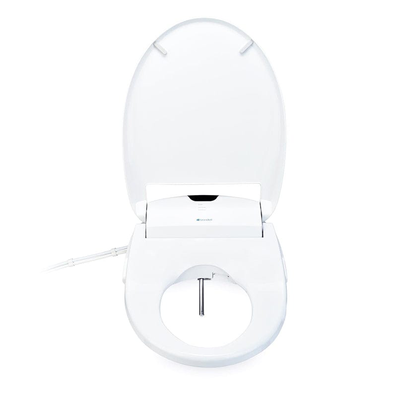 Brondell Swash 1400 luxury bidet toilet seat in white with open lid, featuring advanced design and hygienic functionality.