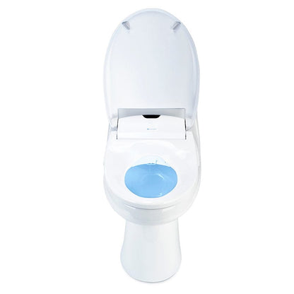 White Brondell Swash 1400 luxury bidet toilet seat with open lid and blue water basin, top view.