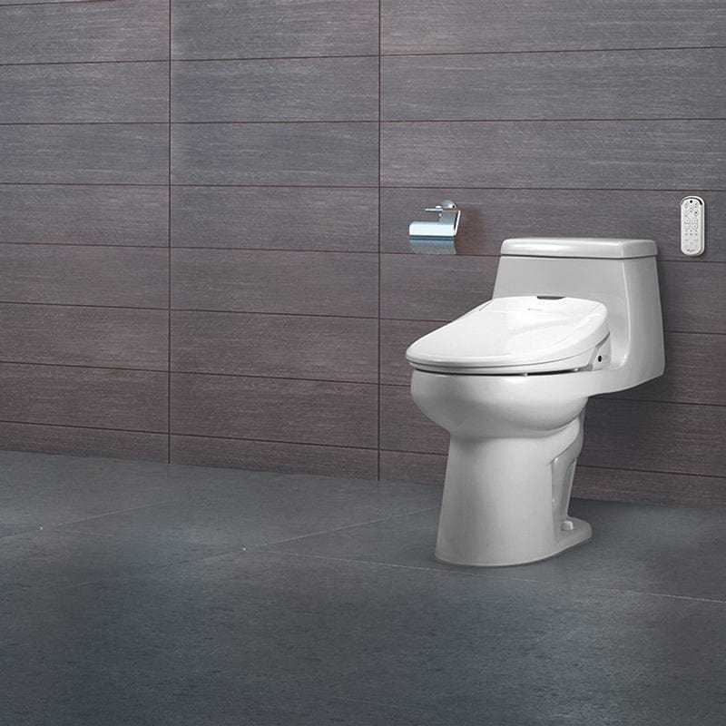 Brondell Swash 1400 Luxury Bidet Toilet Seat in white installed in modern bathroom setting.