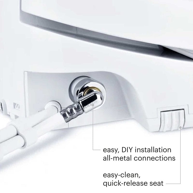 Brondell Swash 1400 Luxury Bidet Toilet Seat - White showing easy, DIY installation with all-metal connections and quick-release seat feature.