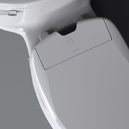 Brondell Swash 1400 Luxury Bidet Toilet Seat in white, top view showcasing sleek design and advanced technology features, installed on a toilet.