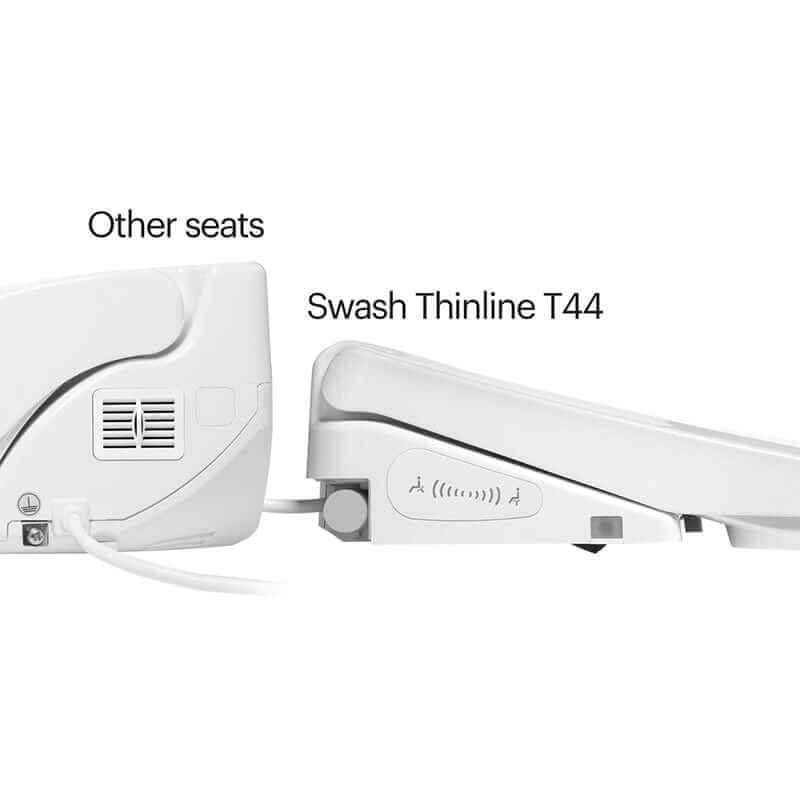 Side view of Brondell Swash Thinline T44 bidet toilet seat next to other seats, highlighting its slim design.