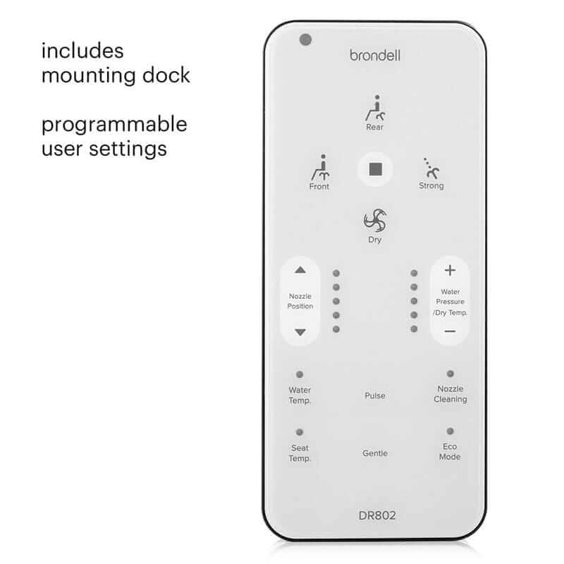 Remote control for Brondell Swash Bidet Toilet Seat DR802 with user settings and mounting dock.