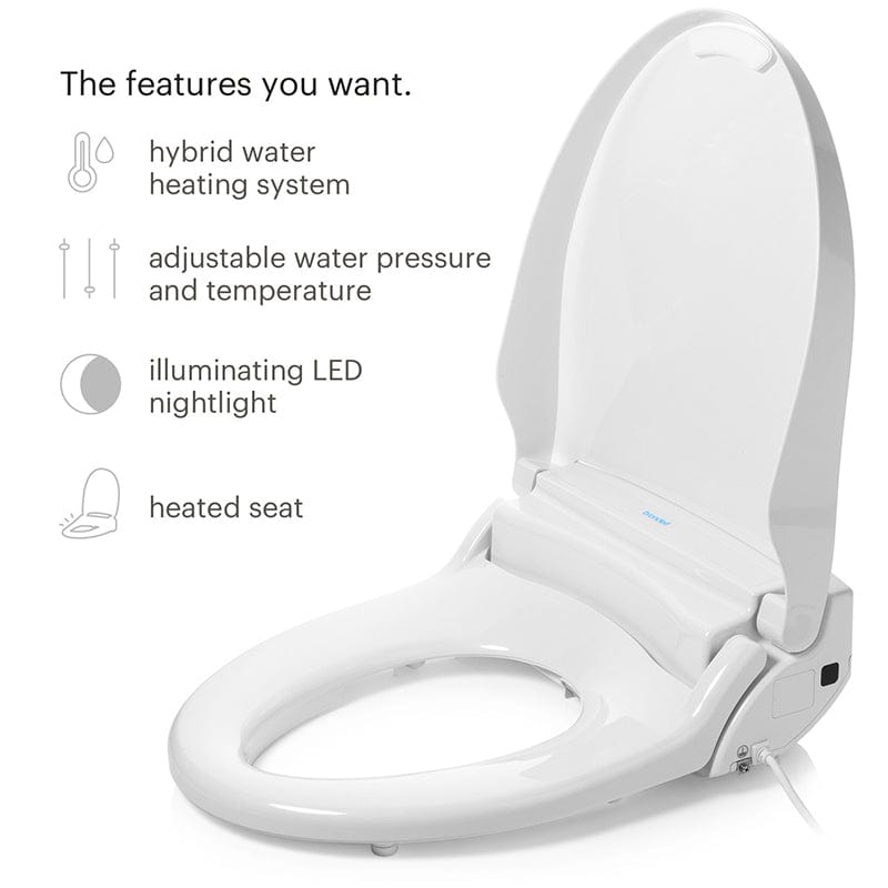 Brondell Swash BL97 Bidet Toilet Seat showcasing hybrid water heating, adjustable pressure, LED light, and heated seat features.