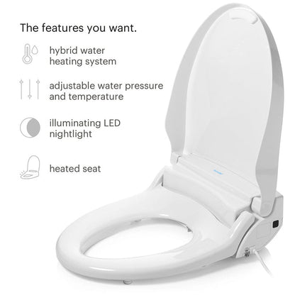 Brondell Swash BL97 Bidet Toilet Seat showcasing hybrid water heating, adjustable pressure, LED light, and heated seat features.