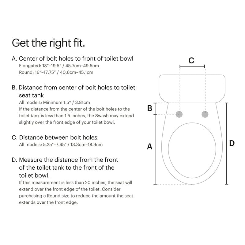 Brondell Swash BL97 Bidet Toilet Seat measurement guide for proper fit on elongated and round bowls with bolt hole distances.