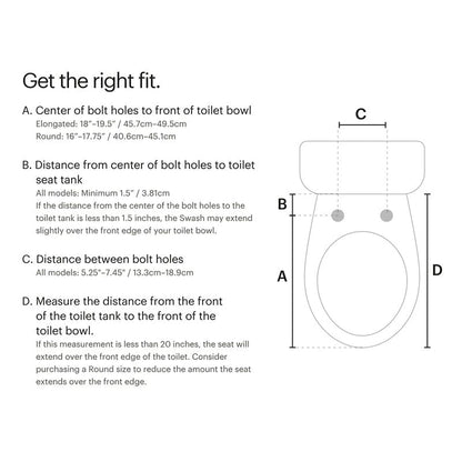 Brondell Swash BL97 Bidet Toilet Seat measurement guide for proper fit on elongated and round bowls with bolt hole distances.