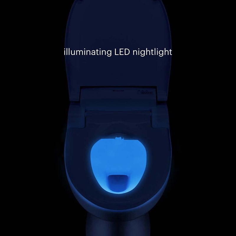 Brondell Swash BL97 Bidet Toilet Seat with LED nightlight, illuminating bathroom feature.