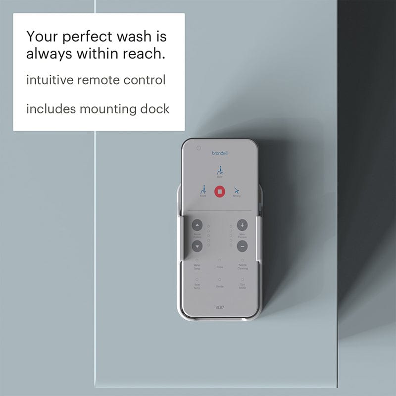 Brondell Swash BL97 Bidet Toilet Seat remote control with mounting dock on modern wall, offering intuitive wash settings.