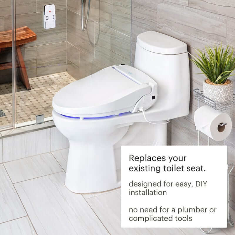 Brondell Swash Bidet Toilet Seat BL97 installed in modern bathroom, highlighting heated seat, LED nightlight, and easy DIY installation.