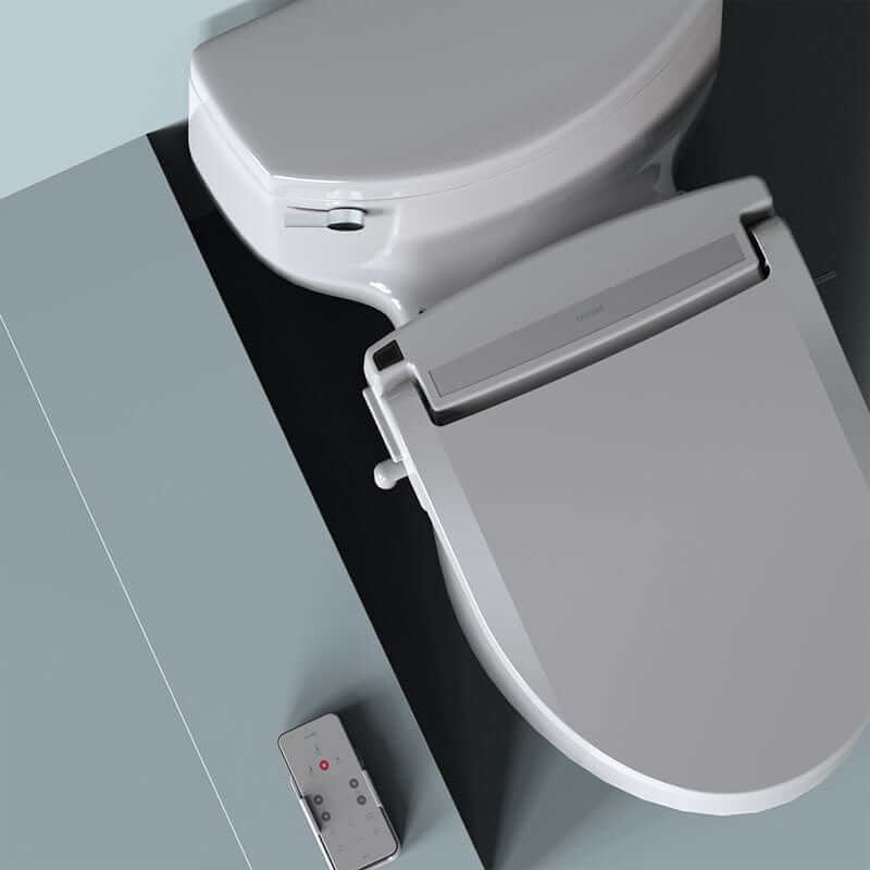Brondell Swash Bidet Toilet Seat BL97 with wireless remote, featuring adjustable stainless steel nozzle and heated seat in bathroom setting