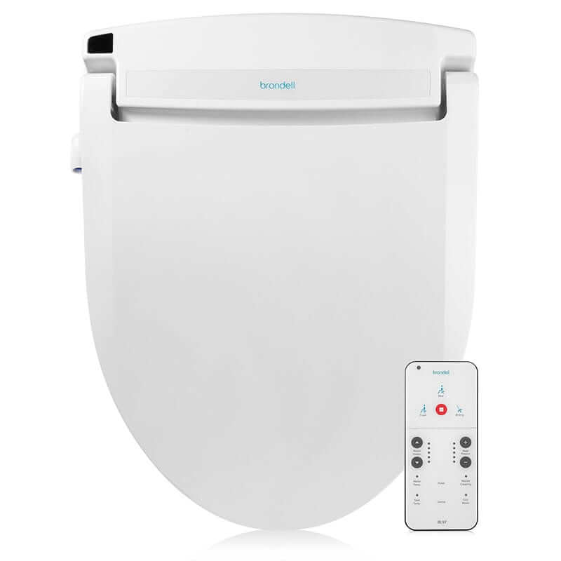 Brondell Swash Bidet Toilet Seat BL97 with wireless remote control, featuring heated seat and adjustable stainless steel nozzle.