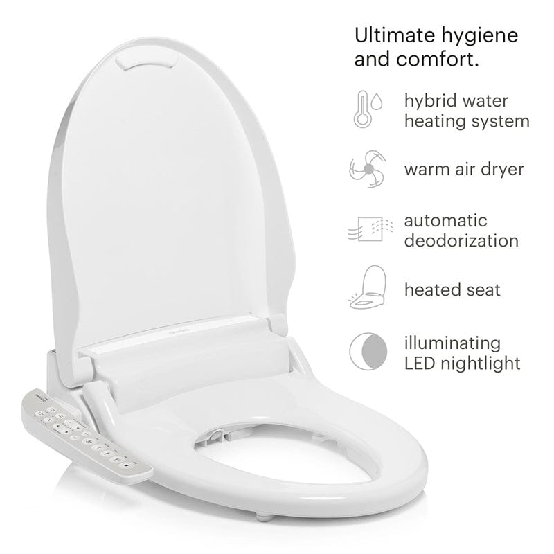 Brondell Swash DR801 Bidet Toilet Seat with hybrid water heating, warm air dryer, deodorization, heated seat, and LED nightlight.