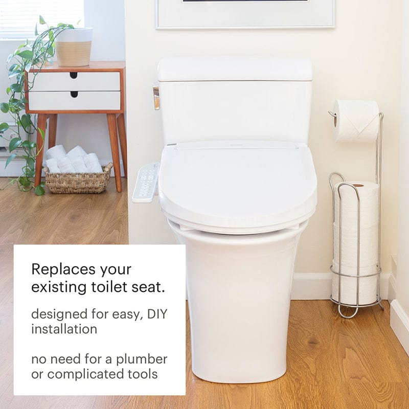 Brondell Swash DR801 Bidet Toilet Seat installed, showing easy DIY setup with no plumbing required in a modern bathroom.