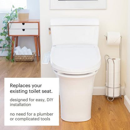 Brondell Swash DR801 Bidet Toilet Seat installed, showing easy DIY setup with no plumbing required in a modern bathroom.