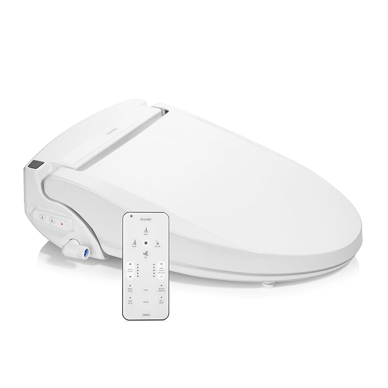 Brondell Swash DR802 Bidet Toilet Seat with remote control, features a sleek white design, enhancing bathroom comfort and hygiene.