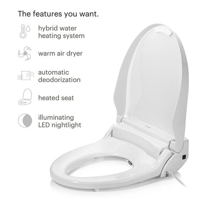 Brondell Swash DR802 bidet toilet seat with features: hybrid water heating, warm air dryer, automatic deodorization, heated seat, LED nightlight.