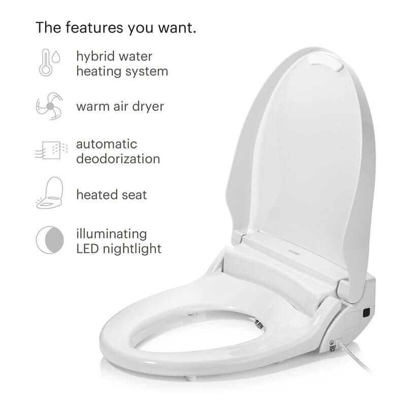 Brondell Swash Bidet Toilet Seat DR802 features heated seat, warm air dryer, LED nightlight, deodorizer, and hybrid water heating.