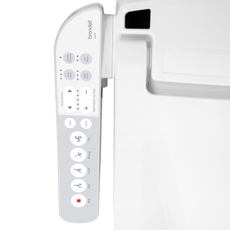 Brondell Swash EM417 bidet toilet seat with control panel showing multiple function buttons.