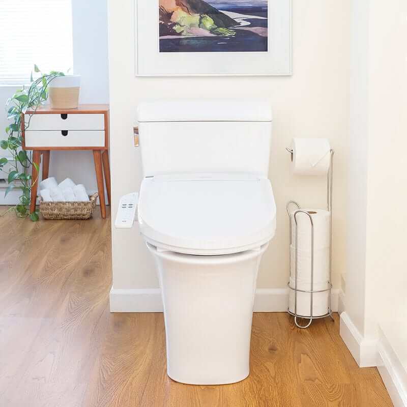 Brondell Swash Select Bidet Toilet Seat BL67 in modern bathroom with LED nightlight and heated seat features.