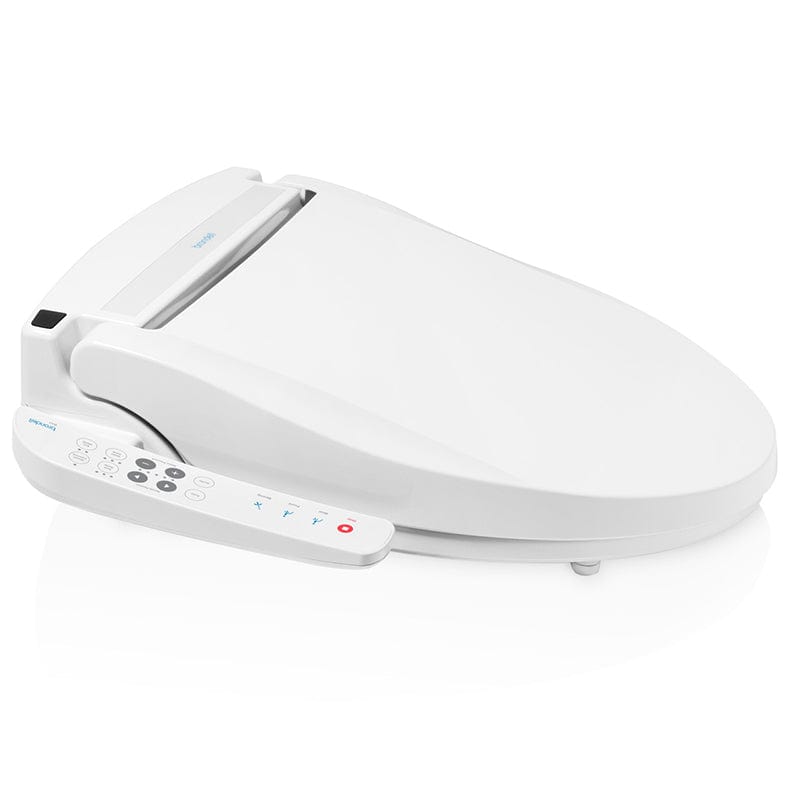 Alt Tag: Brondell Swash Select BL67 Bidet Toilet Seat with Remote Control in White, shown at an angle.