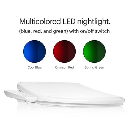 Brondell Swash Thinline T22 Bidet Toilet Seat with multicolored LED nightlight options in blue, red, and green.