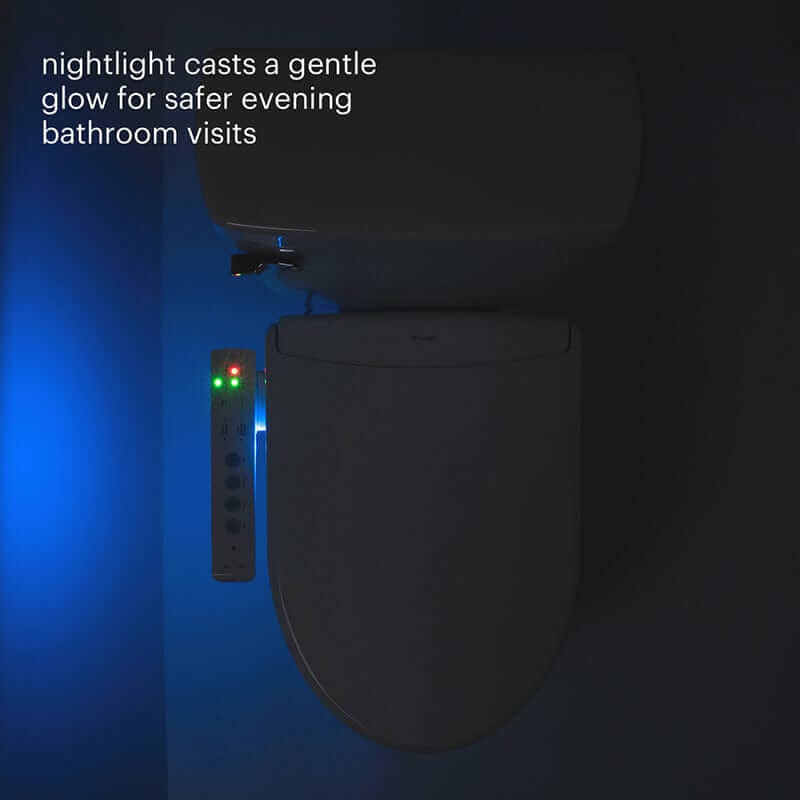 Brondell Swash Thinline Bidet Toilet Seat T22 with LED nightlight glowing in a dark bathroom, enhancing safety during evening use.
