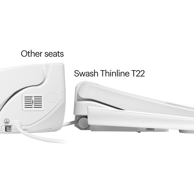 Comparison of Brondell Swash Thinline T22 Bidet Toilet Seat with standard seat, showcasing thin design profile.