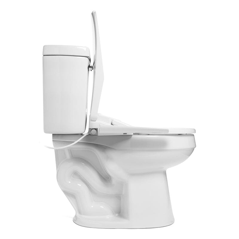 Side view of Brondell Swash Thinline T22 Bidet Toilet Seat on white toilet.