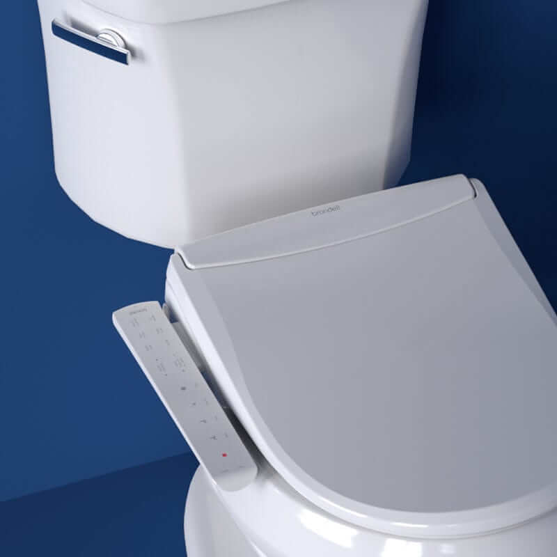Brondell Swash Thinline Bidet Toilet Seat T22 with ultra-slim modern design and adjustable nozzle on toilet bowl.
