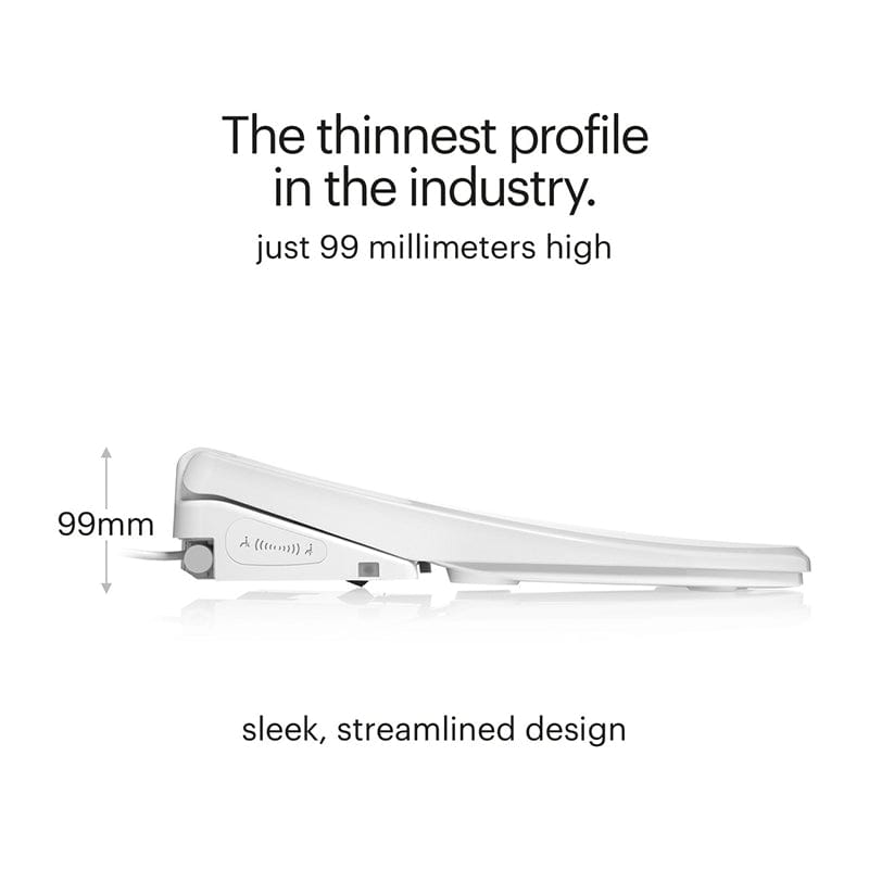 Side view of Brondell Swash Thinline T44 Bidet Toilet Seat in white, highlighting its sleek, streamlined design and 99mm thin profile.