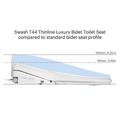 Profile comparison of Brondell Swash T44 Thinline Luxury Bidet Toilet Seat and standard bidet seat, showcasing dimensions in mm and inches