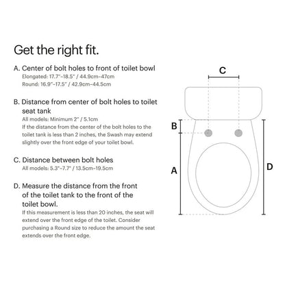 Dimensions guide for Brondell Swash Thinline T44 Bidet Toilet Seat, showing measurements for optimal fit on various toilet bowls.