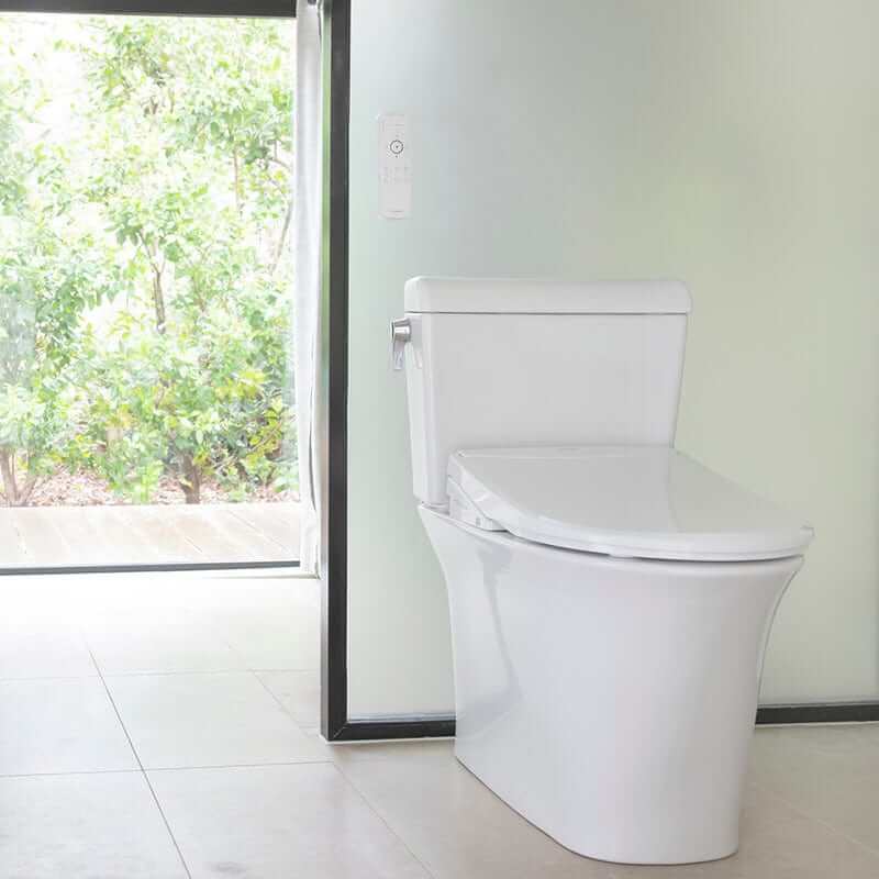 Modern bathroom with Brondell Swash Thinline Bidet Toilet Seat T44 featuring ultra-slim design and advanced features.
