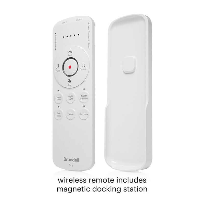 Wireless remote control for Brondell Swash Thinline Bidet Toilet Seat T44 with magnetic docking station.