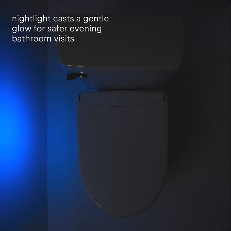 Brondell Swash Thinline T44 Bidet Toilet Seat with nightlight for safer evening bathroom visits, gentle blue glow in dark setting.