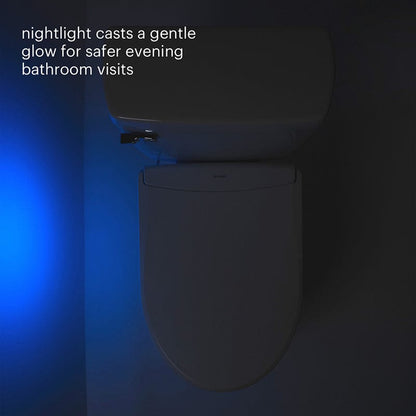 Brondell Swash Thinline T44 Bidet Toilet Seat with nightlight for safer evening bathroom visits, gentle blue glow in dark setting.