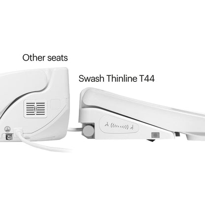 Side view of Brondell Swash Thinline T44 bidet toilet seat next to other seats, highlighting its slim design.