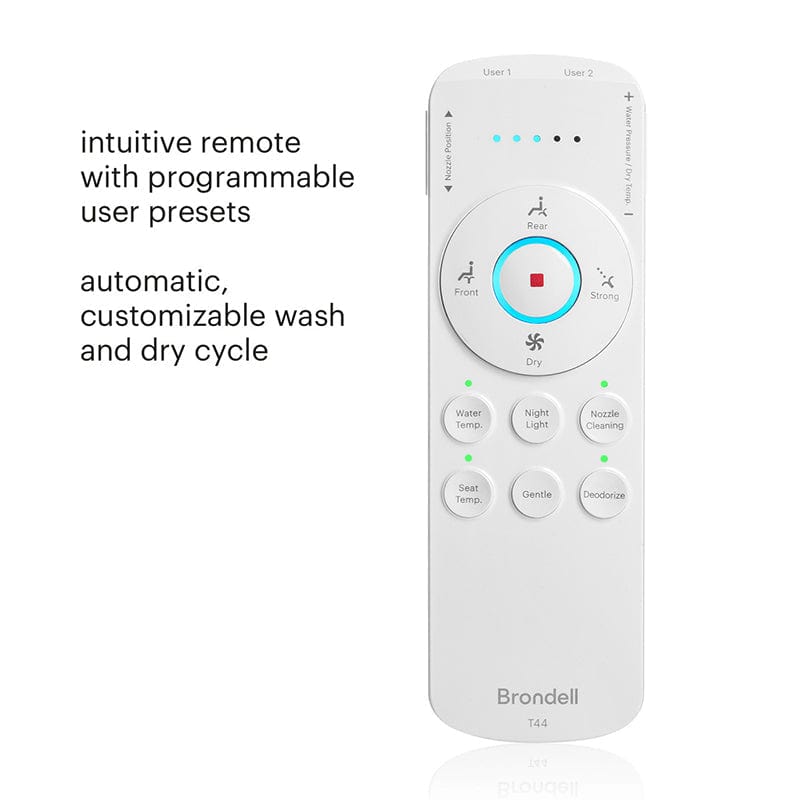 Brondell Swash Thinline T44 Bidet Toilet Seat remote with user presets and customizable wash/dry cycle features.