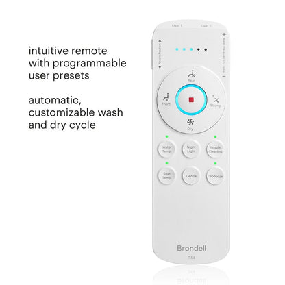 Brondell Swash Thinline T44 Bidet Toilet Seat remote with user presets and customizable wash/dry cycle features.