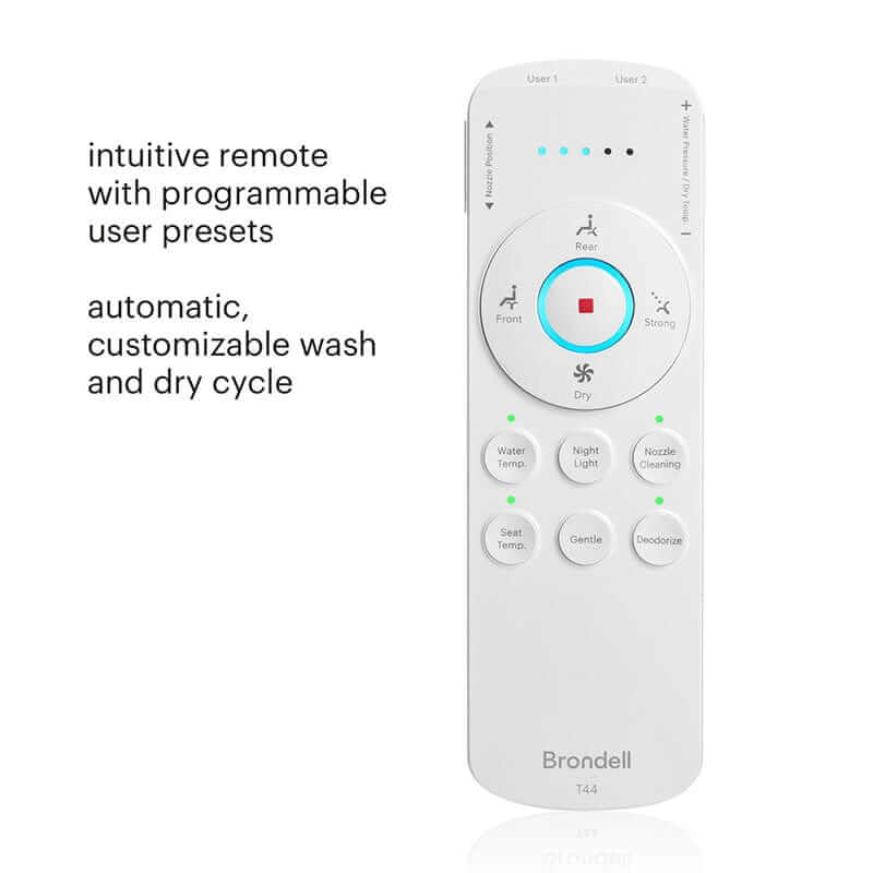 Brondell Swash Thinline T44 Bidet Toilet Seat remote with user presets and customizable wash/dry cycle features.