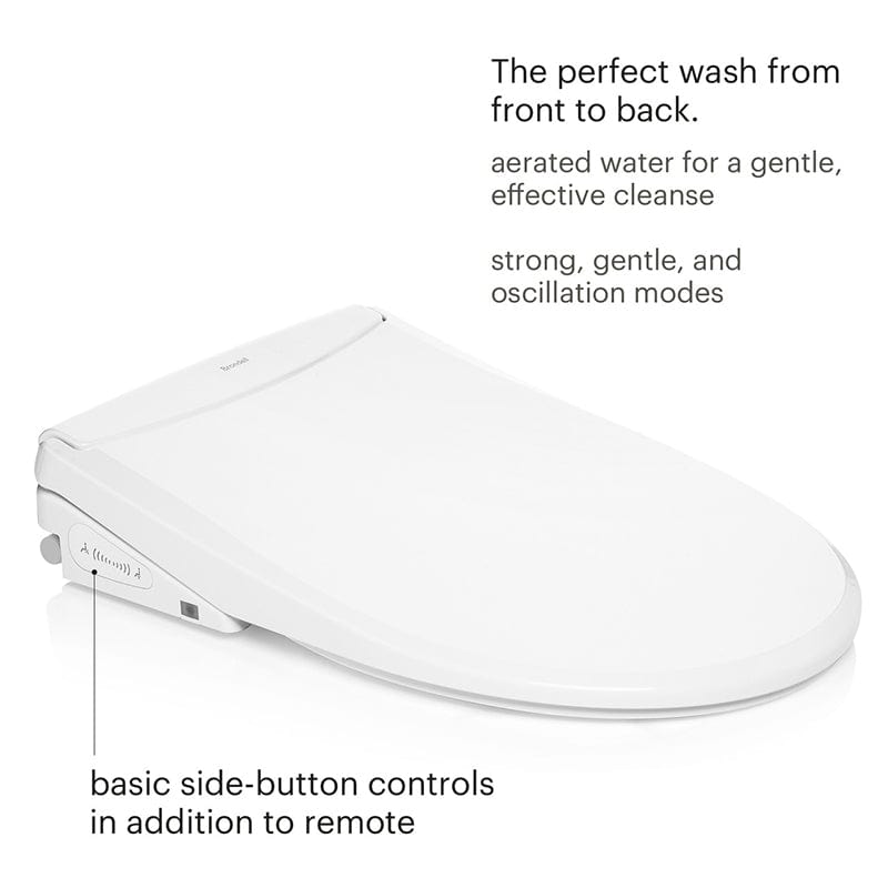 Brondell Swash Thinline T44 Bidet Toilet Seat with side-button controls and aerated water for gentle cleanse and oscillation modes.