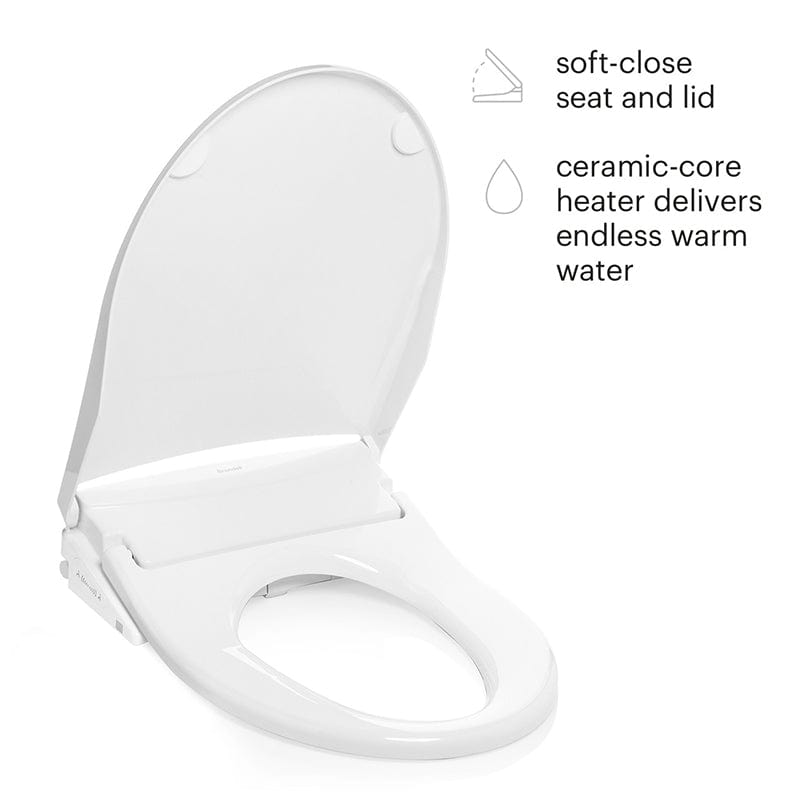 Brondell Swash Thinline T44 bidet toilet seat with soft-close lid and ceramic-core heater for warm water, white finish.