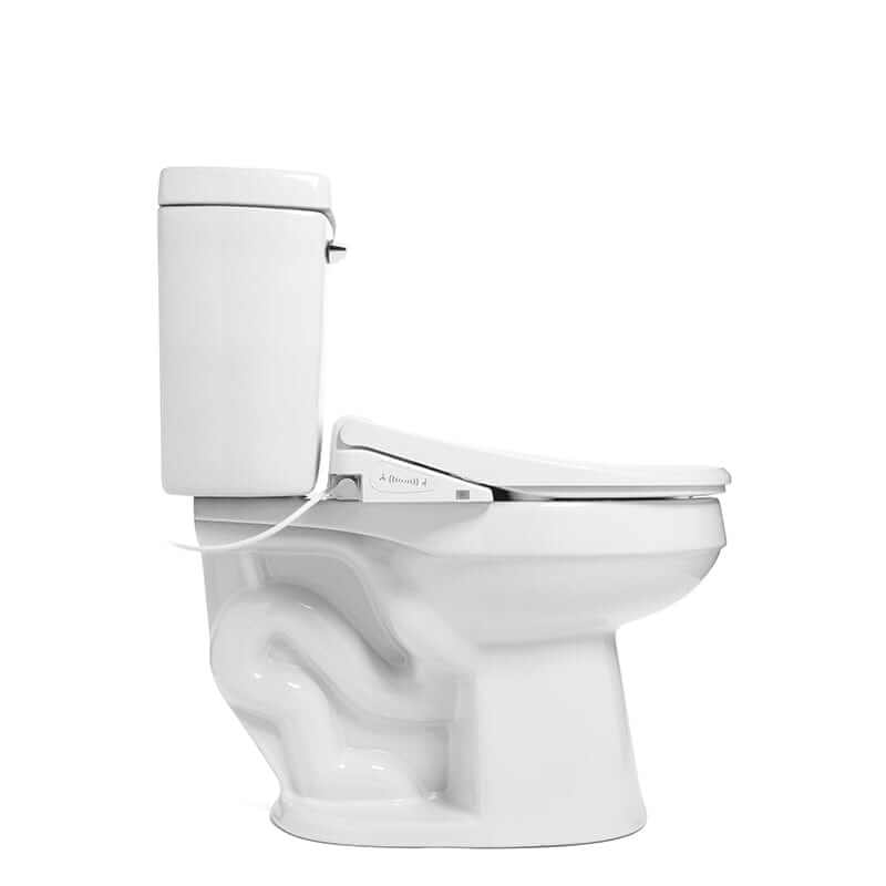 Side view of Brondell Swash Thinline Bidet Toilet Seat T44 on white toilet with ultra-slim design and stainless steel nozzle.